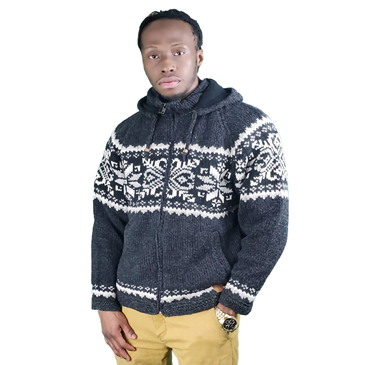 100% Wool Jacket Snowflake with Zip Off Hood with fleece lining for men and women. Handmade in Nepal.