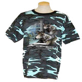 Men and Women T-Shirt with various designs. Como Blue / Wolves on Legde 