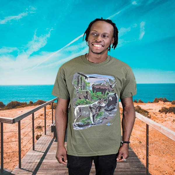 Men and Women T-shirt with Wildlife designs. Miltary Green / Wildlife Collage