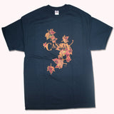 Men and Women T-Shirt with various designs. Navy / Falling Maple Leaf