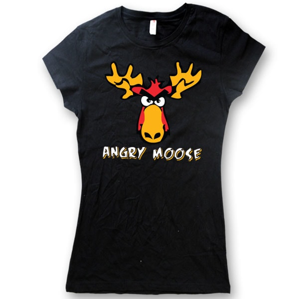 Ladies Junior Cut T-Shirts with Comic Designs. Black/V-Neck t-shirt with Angry Moose