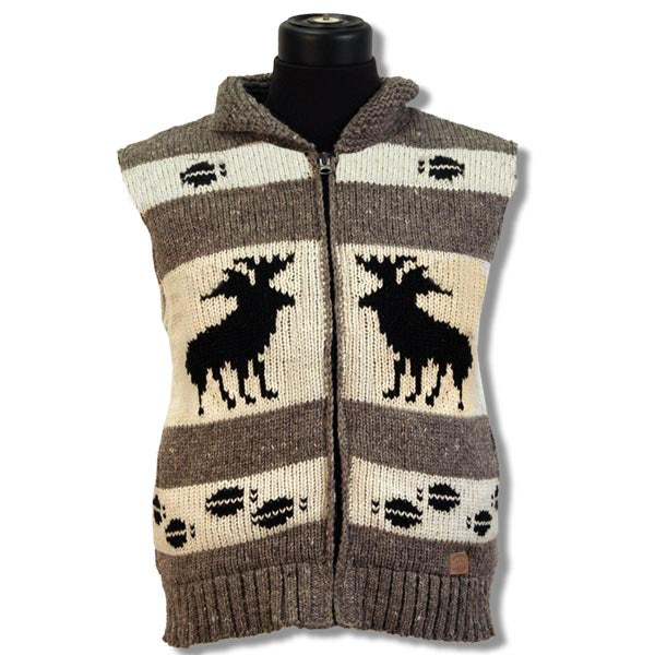 Wool Nordic Vest for men and women. Beige Brown with Black Moose