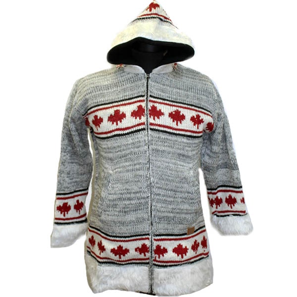 Wool Long Jacket With Fun fur for women. Cardinal Red Maple Leaf/LT Grey Melange