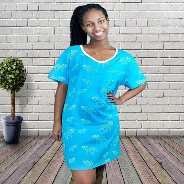 Women s Night Dress Nightshirts Women s Nightgowns Sleepwear. L XL Turquoise Allover Moose 100 Cotton