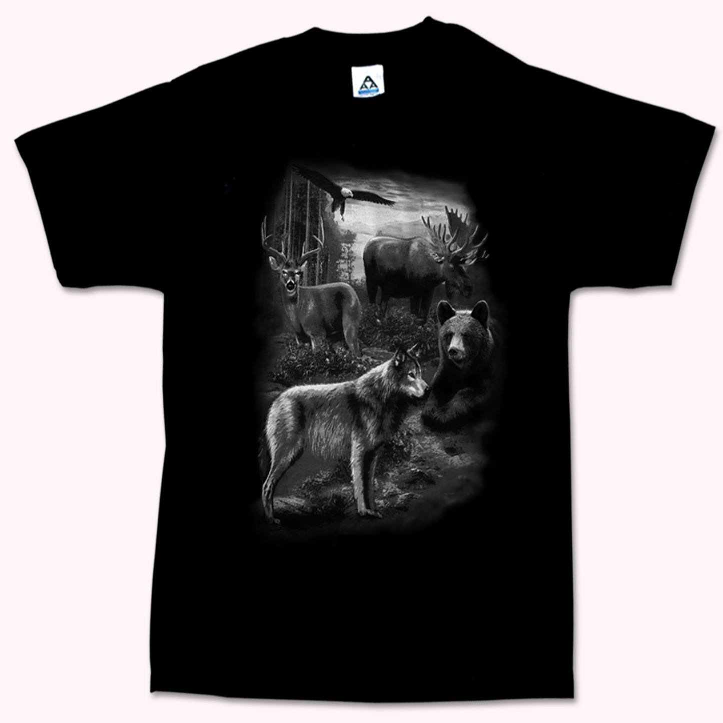 Men and Women t-shirt with Wolf, Moose and dreamcatcher print Designs . Black / Collage