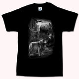 Men and Women t-shirt with Wolf, Moose and dreamcatcher print Designs . Black / Collage  