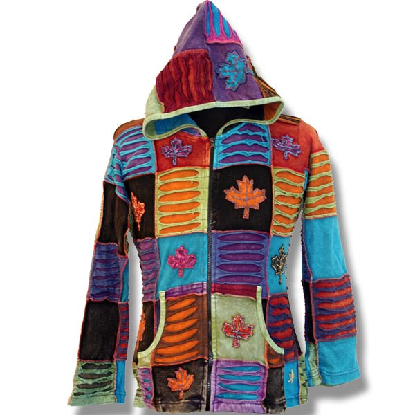 Nepal Hand Made Jacket with Two Sided Patch for youth / Multicolor Maple Leaf with cutout