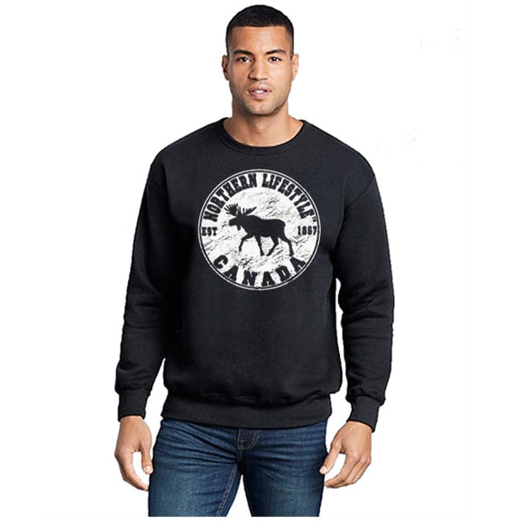 Men and Women's Fleece Crewneck Sweatshirt With Moose Lifestyle designs. Black