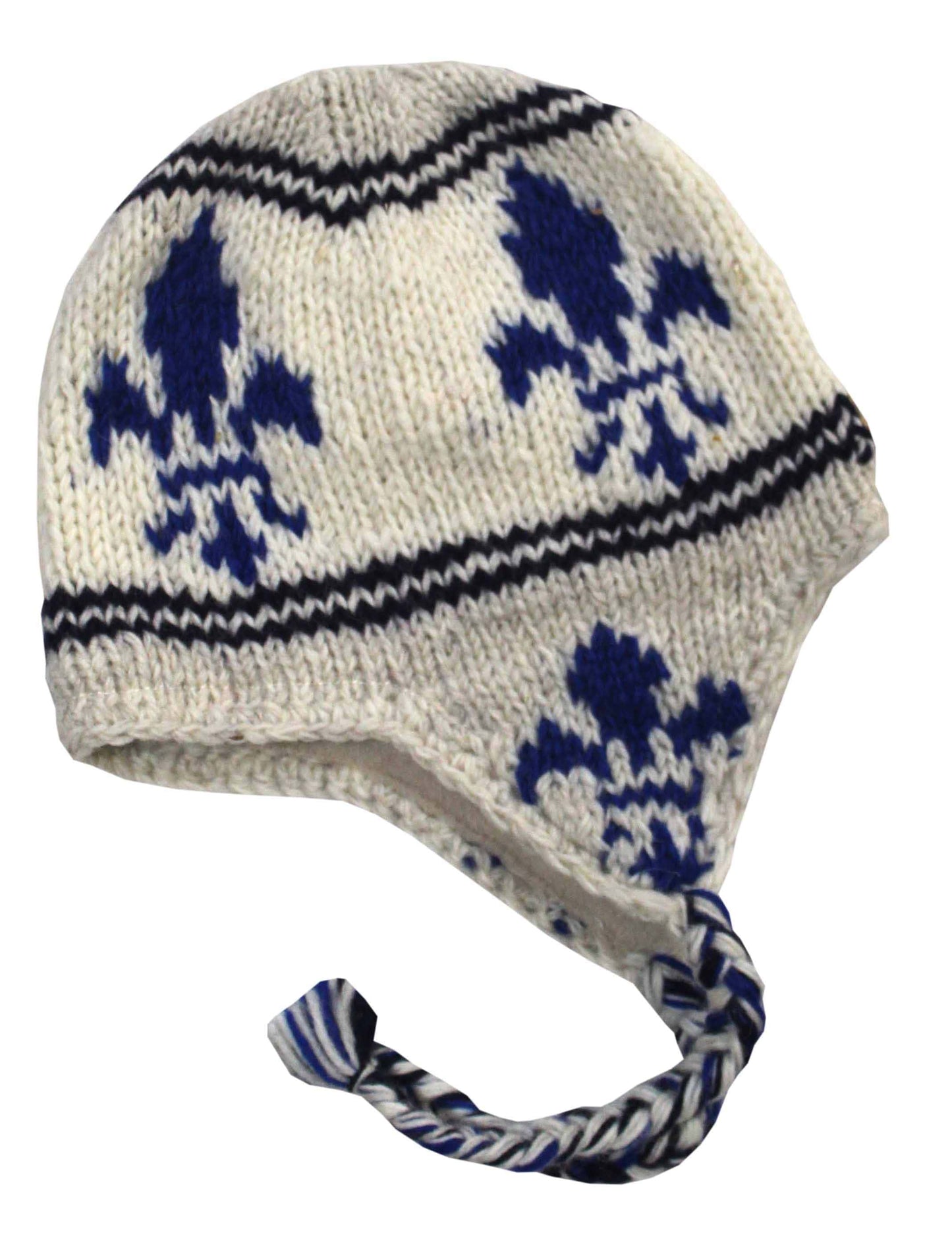 Wool Earflap Hat for Men and Women / Off White with  Light Blue Fleur de Lys