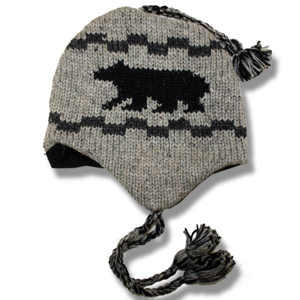 Wool Earflap Hat for Men and Women / Black Bear  /  Charcoal Grey Background