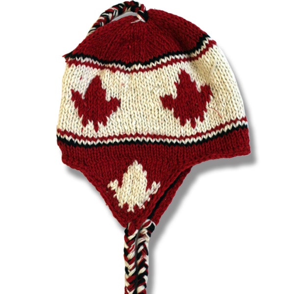 Wool Earflap Hat for Men and Women / Maple Leaf / Red & White Background 