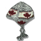 Wool Earflap Hat for Men and Women / Cardinal Red with Maple Leaf Light Grey