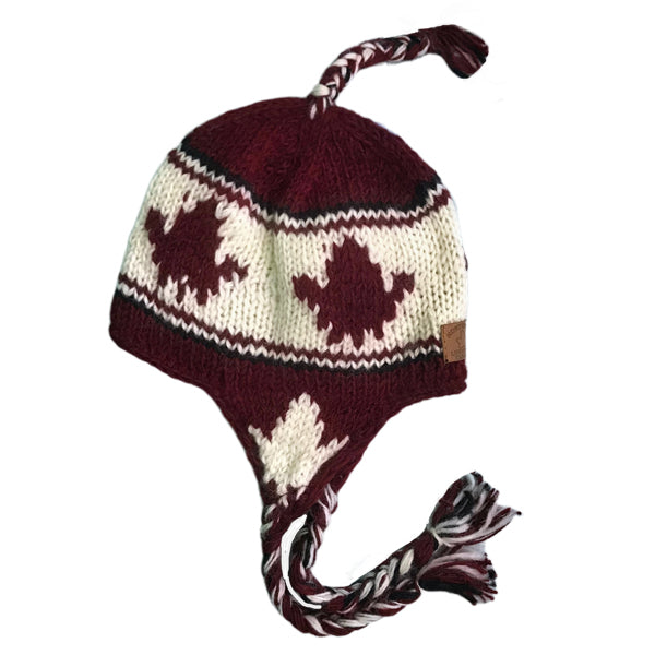 Wool Earflap Hat for Kids. Maple Leaf Burgundy