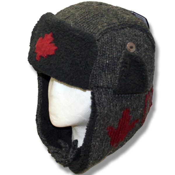 Wool Pilot Hats with fur trim for Men and Women. Charcoal w/ Red Maple Leaf with Canada