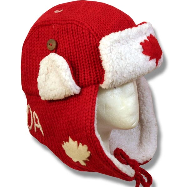 Wool Pilot Hats with fur trim for Men and Women. Red w/White Maple Leaf with Canada