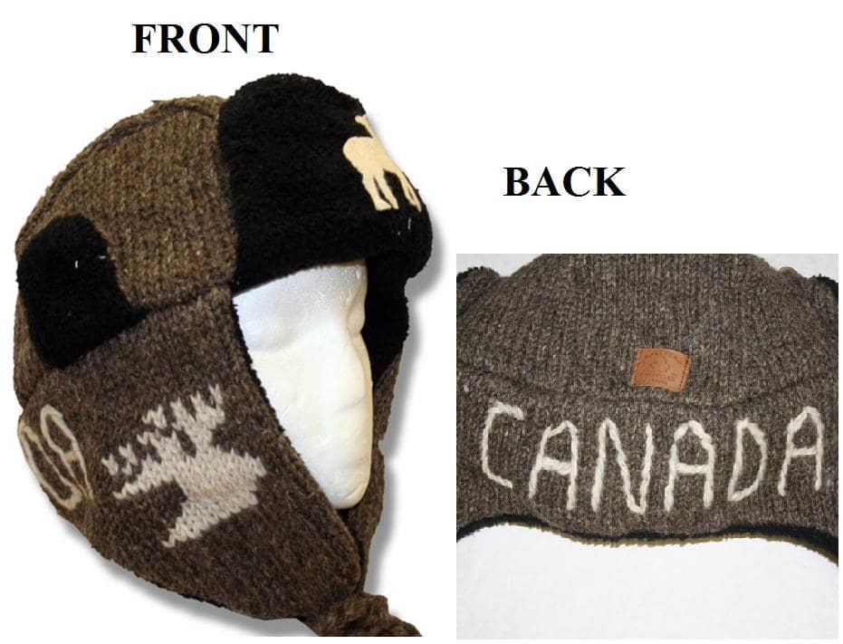 Wool Pilot Hats with fur trim for Men and Women. Brown w/Beige Moose with Canada