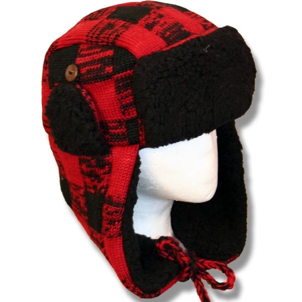 Wool Pilot Hats with fur trim for Men and Women.Buffalo Check Patt 