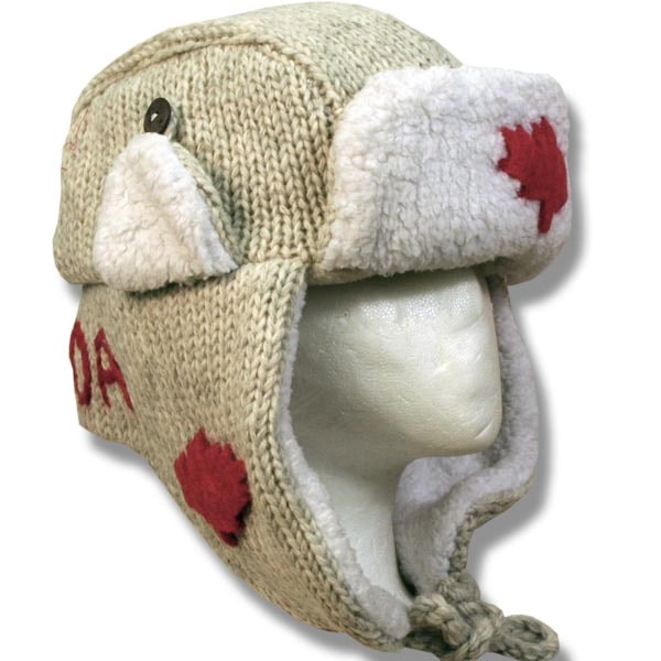 Wool Pilot Hats with fur trim for Men and Women. Beige w/Red Maple Leaf with Canada