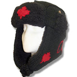 Wool Pilot Hats with fur trim for Men and Women. Black w/Red Maple Leaf with Canada