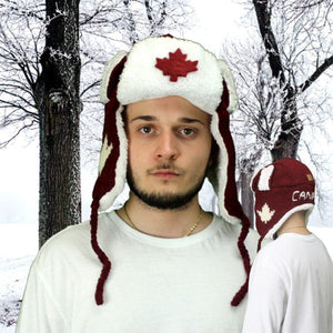 Wool Pilot Hats with fur trim for Men and Women. Burgundy w/White Maple Leaf with Canada
