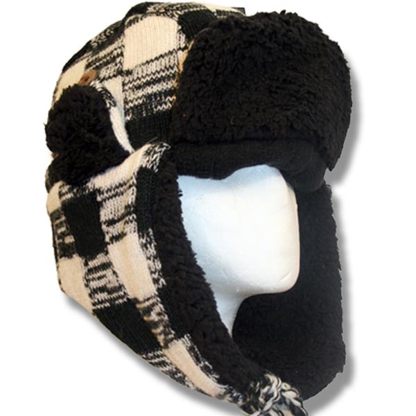 Wool Pilot Hats with fur trim for Men and Women. Black and White Buffalo Check patt