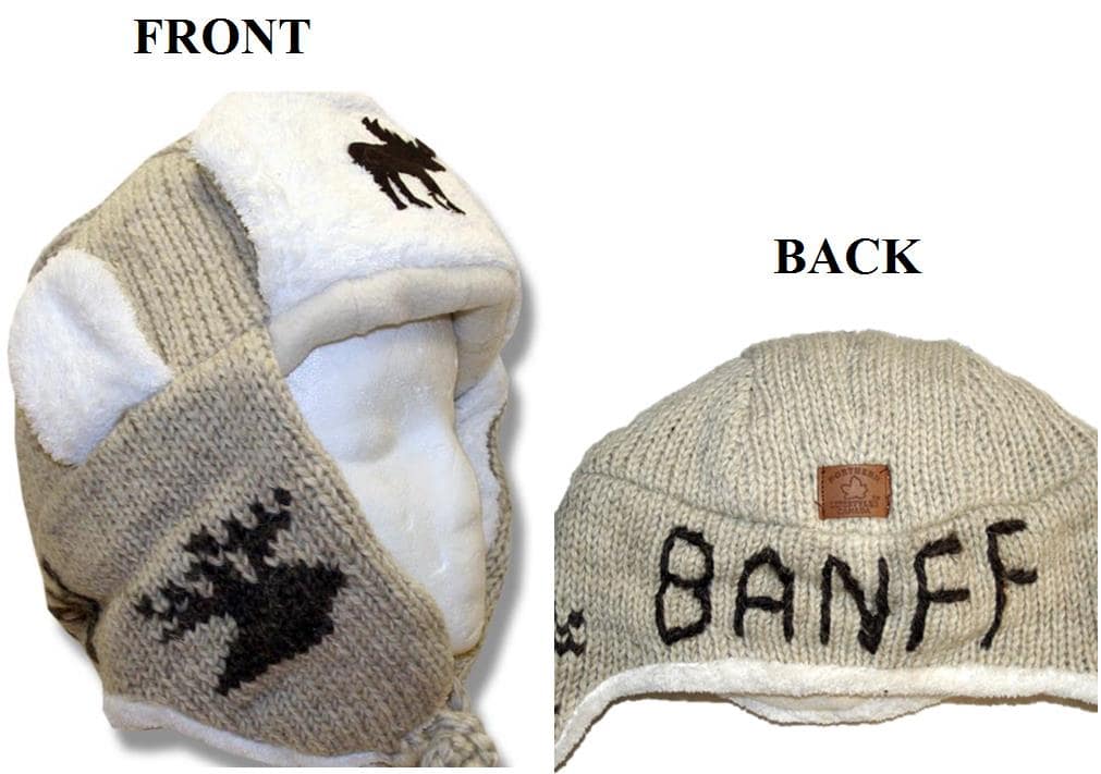 Wool Pilot Hats with fur trim for Men and Women. Beige with Moose Banff