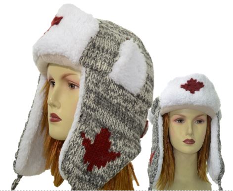 Wool Pilot Hats with fur trim for Men and Women. Cardinal Red Maple Leaf with Light Grey