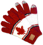 Wool Touch Screen Gloves for Men and Women. Red and White with Maple Leaf