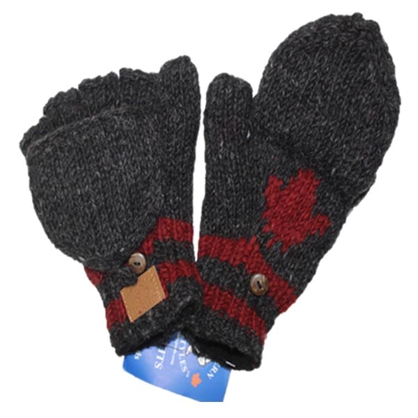 Wool Hunter Gloves for Men and Women. Charcoal with Red Maple Leaf