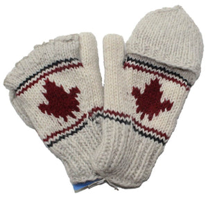 Wool Hunter Gloves for Men and Women. Off White with Red Maple Leaf