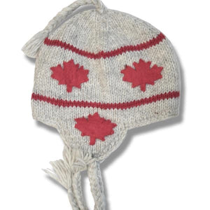 Products Wool Earflap Hat with Tassle for Men and Women.Beige with Red allover Maple Leaf Applique 
