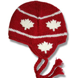 Products Wool Earflap Hat with Tassle for Men and Women. Red with White allover Maple Leaf Applique