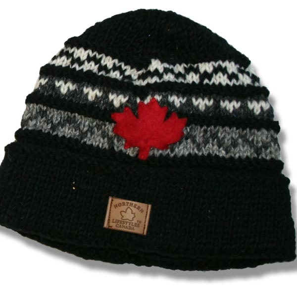 Wool Roll Up Tuque / Hat for Men and Women. Black Mix