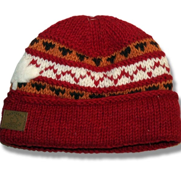 Wool Roll Up Tuque / Hat for Men and Women. Red Burgundy Mix