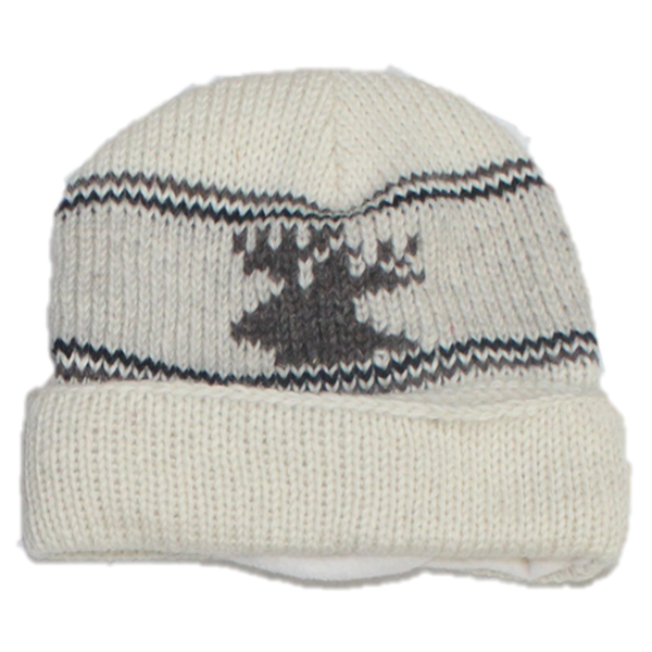 Wool Roll Up Tuque / Hat for Men and Women. Moose / Beige Background