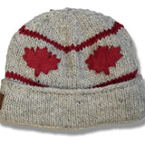 Wool Roll Up Tuque / Hat for Men and Women. Beige with Red allover Maple Leaf Applique