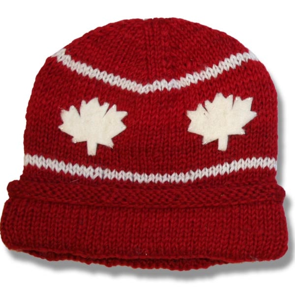 Wool Roll Up Tuque / Hat for Men and Women. Red with White allover Maple Leaf Applique