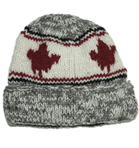 Wool Roll Up Tuque / Hat for Men and Women. Cardinal red with Maple Leaf Lt Grey