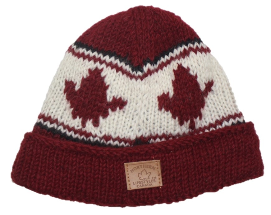 Wool Roll Up Tuque / Hat for Men and Women. Maple Leaf / Burgundy Background