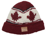 Wool Roll Up Tuque / Hat for Men and Women. Maple Leaf / Burgundy Background