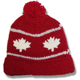 Wool Roll Up tuque with POMPOM for Men and Women. Red with White Allover Maple Leaf Applique 