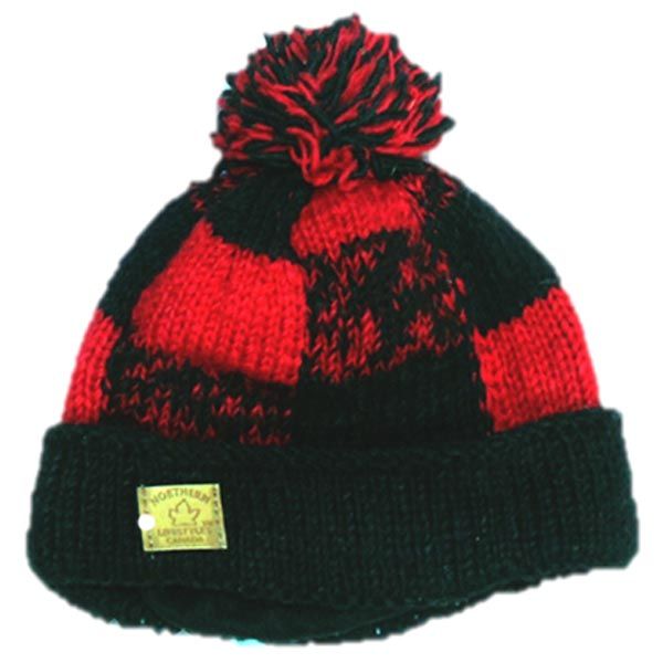 Wool Roll Up tuque with POMPOM for Men and Women. Buffalo Check Patt 