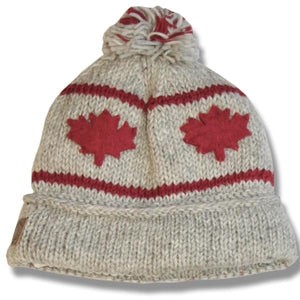 Wool Roll Up tuque with POMPOM for Men and Women. Cardinal red with Maple Leaf Lt Grey