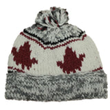 Wool Roll Up tuque with POMPOM for Men and Women. Cardinal Red Maple Leaf with Light Grey background