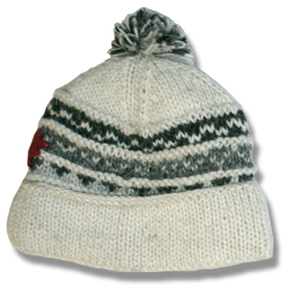 Wool Roll Up tuque with POMPOM for Men and Women. Off White Brown Mix