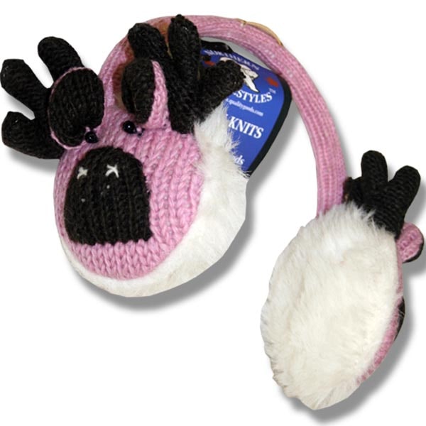 Wool Animal Earmuffs for Men and Women. Moose/Pink Background