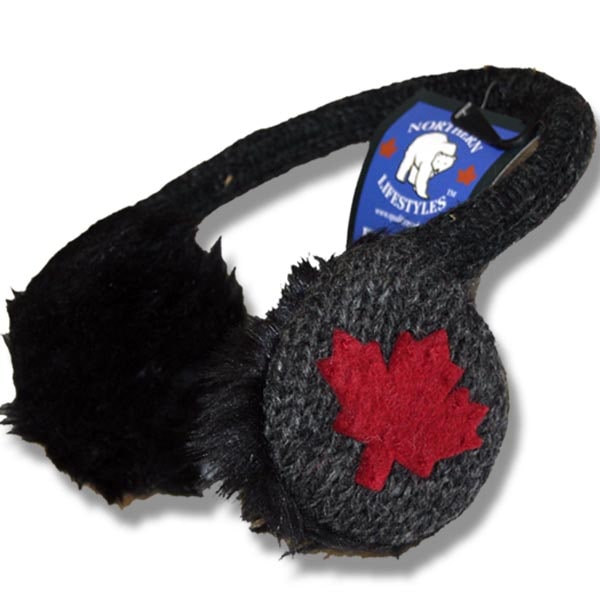 Wool Animal Earmuffs for Men and Women. Charcoal with Red Maple Leaf Applique