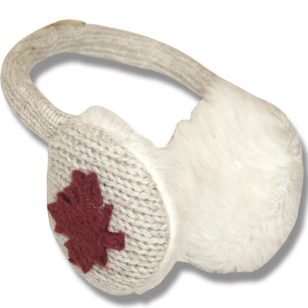 Wool Animal Earmuffs for Men and Women. Beige with Red Maple Leaf Applique