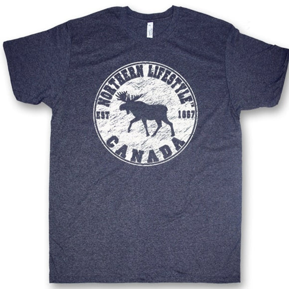Men and Women' s Heather T-Shirt with Moose Lifestyle designs. Navy Heather