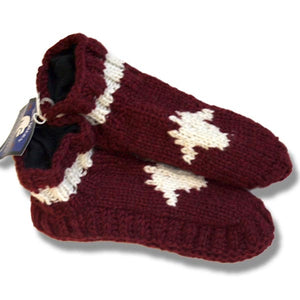 Wool Booties for Men and Women. Maple Leaf Burgundy Background